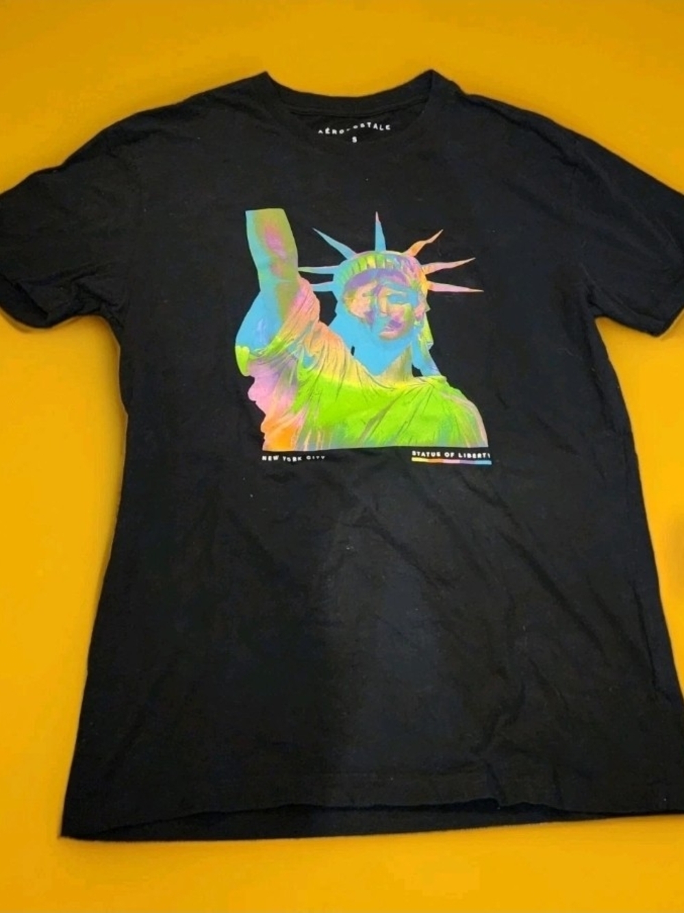 Aeropostale Black Tee with Neon Multicolor Statue of Liberty Graphic